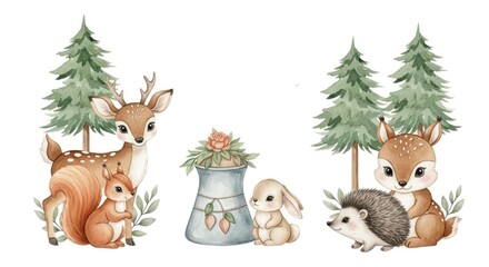 Charming Watercolor Collection of Gentle Woodland Animals for Nursery Decor.