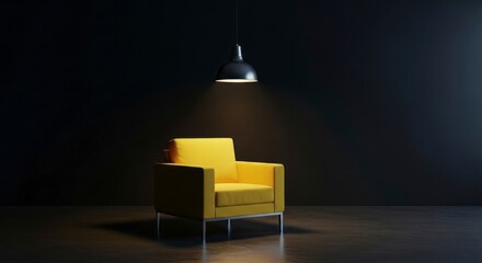 Luminous Yellow Armchair Isolated by a Dramatic Spotlight in a Dark, Empty Room.