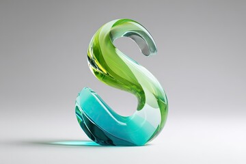 3D rendered letter S, vibrant teal and lime green translucent glass effect