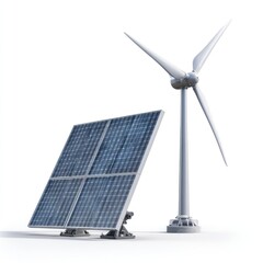 Solar panel and wind turbine on white background.  Clean energy sources