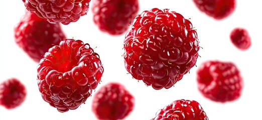 Fresh raspberries in mid-air, vibrant red berries against a white background