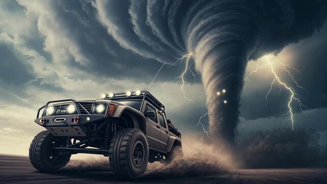 Powerful off-road vehicle accelerates through stormy landscape, evading swirling tornado and lightning strikes, showcasing thrilling adventure and resilience in extreme conditions