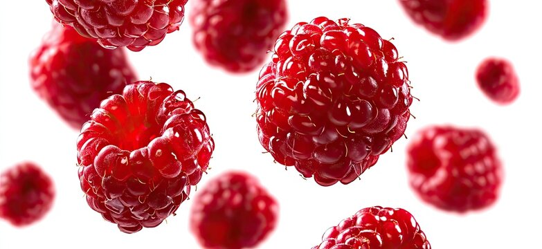 Fresh raspberries in mid-air, vibrant red berries against a white background