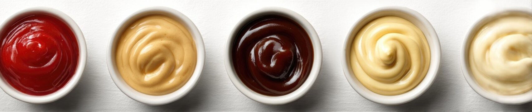 Four small white bowls of different sauces