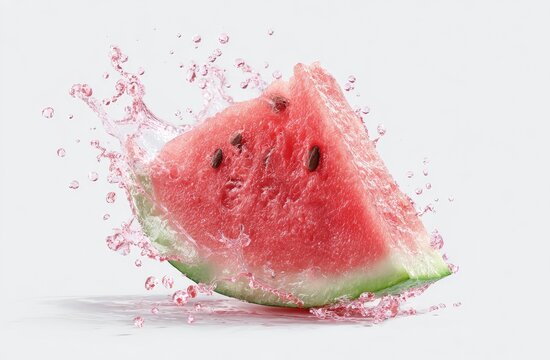Watermelon slice exploding with water droplets on a white background