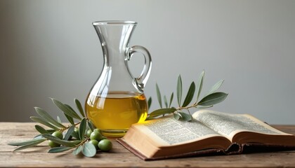 Pure olive oil in glass jar with green olive branch beside open Bible book on wooden table. God Holy Spirit, peace, blessing. Used for religious rituals, healing, consecration. Biblical concept,