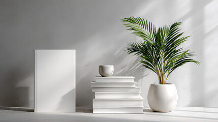 Elegant Interior: A serene interior setting featuring a lush plant in a pristine white pot, accompanied by a stack of books and a minimalist display.
