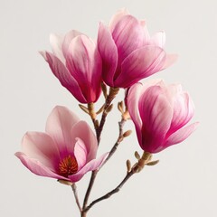 Obraz premium Three delicate pink magnolias against a neutral background. Soft, vibrant blossoms on slender stems. Close-up, high-quality image
