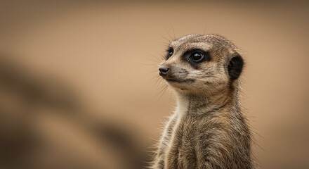 Attentive Meerkat Portrait: Captivating Close-Up of a Curious Desert Guardian Looking Watchfully to the Horizon and Enjoying the Warm Sun