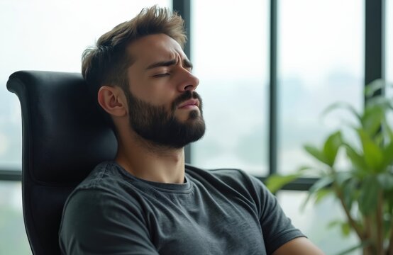 Young man leans back in office chair, eyes closed, looking uncomfortable. Casual attire, bearded. Stress, fatigue, boredom, or deep thought. Modern workspace, window background with plant.
