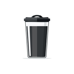 A transparent travel mug with a black lid and dark liquid inside.