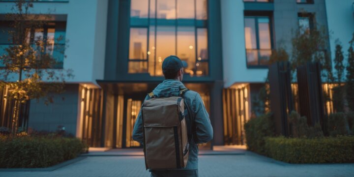 Backpacker approaches modern building at dusk seeking adventure and new experiences in urban setting