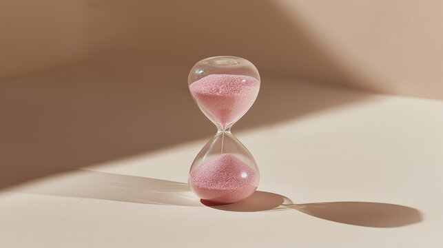 Delicate pink sand streams through transparent hourglass timer on surface.