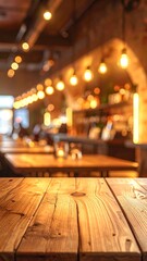 Wooden table in a warm cafe