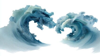Abstract ocean waves in shades of blue and pale gray. Two large, stylized waves, with swirling, sculpted forms, are set against a pure white background.