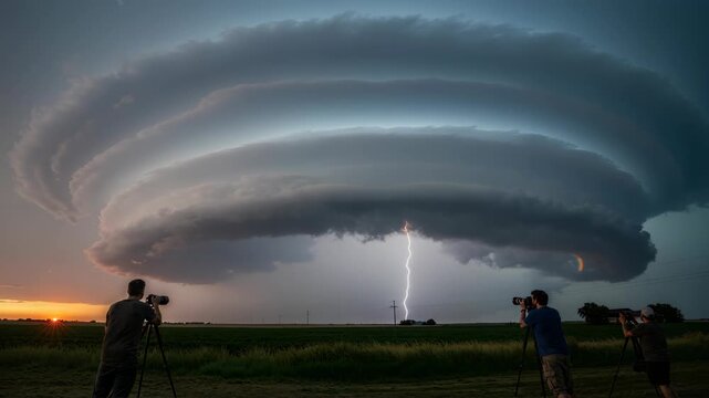 Photographers capturing dramatic storm clouds with lightning strikes, showcasing the evolving weather phenomenon against a vibrant sunset backdrop in a captivating motion sequence
