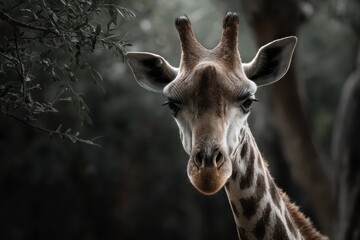 Fototapeta premium Giraffe standing gracefully in a lush greenery background showcasing its distinct features and vibrant colors during a sunny afternoon in Africa