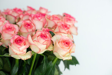 Beautiful bouquet of fresh pink roses with delicate petals, arranged closely together. Romantic floral background perfect for weddings, Valentine’s Day, anniversaries, and special celebrations