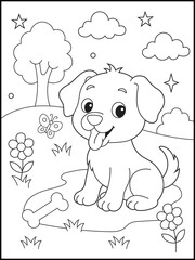 Puppy coloring page featuring a happy little dog sitting outdoors in a garden with flowers, trees, butterflies, clouds, stars, and a bone. cheerful and playful design for kids