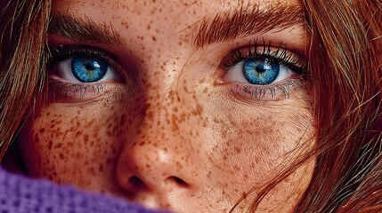 a close up shot focuses on the upper part of a person's face, emphasizing the eyes and skin. the individual has light colored eyes, contrasted by hair in a red shade