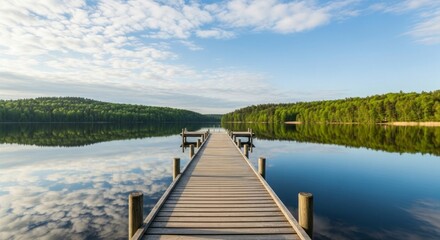Naklejka premium Peaceful Perspective Down a Wooden Dock into a Calm, Reflective Wilderness Lake.