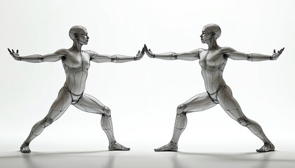 Two wireframe human figures in balanced pose, arms extended, touching hands. Figures display intricate mesh detailing, suggesting futuristic anatomy, digital design concepts. Clean, minimalist style.