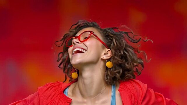 Joyful young woman with curly hair and vibrant red attire raises arms in celebration, expressing happiness and freedom against a colorful abstract background, capturing the essence of pure joy and exu