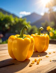 Two vibrant yellow peppers on a wooden table, sunny outdoor scene