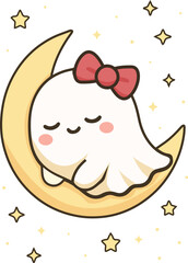 Cute Ghost Sleeping on Moon Illustration