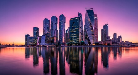 Naklejka premium Dreamy Purple Twilight Over Dubais Perfectly Mirrored Modern Skyline.