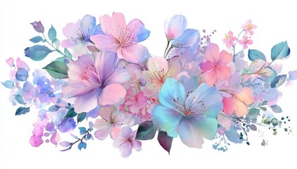 Delicate floral arrangement.  A vibrant, pastel-hued bouquet of blossoming flowers, in shades of pink, purple, blue, and white.  