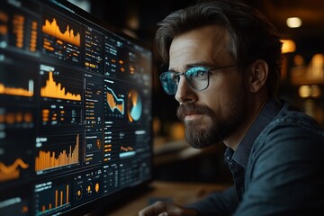 Business executive using a digital interface to monitor workflow efficiency and process optimization for corporate goals