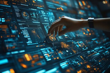 Business executive using a digital interface to monitor workflow efficiency and process optimization for corporate goals