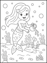 Cute Mermaid Watering Ocean Flowers Coloring Page for children. Underwater Fantasy Illustration for Kids.