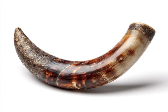 Curved animal horn, light brown and dark brown mottled patterns