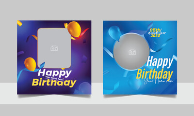 Birthday wishes social media post template, party invitation or greeting card, happy wedding anniversary celebration event square banner poster design set	