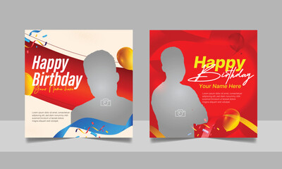 Birthday wishes social media post template, party invitation or greeting card, happy wedding anniversary celebration event square banner poster design set	