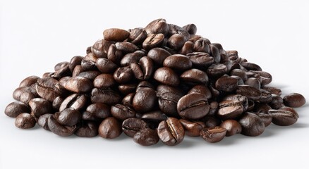 Obraz premium Roasted coffee beans piled high on white background