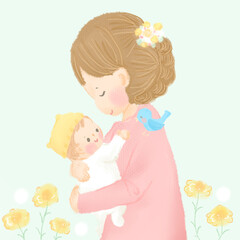 赤ちゃんを抱っこする優しい表情のママ_親子 嬉しそうな赤ちゃん