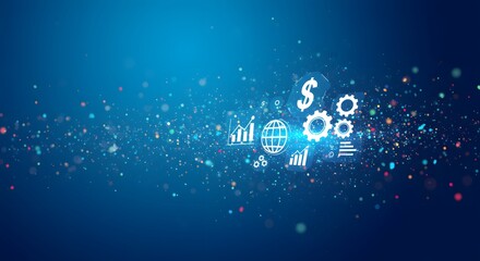 Abstract illustration of business icons and digital technology over a blue background with bokeh.