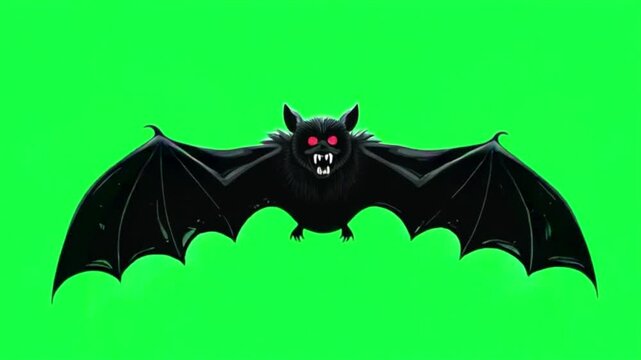 Spooky animated black bat with glowing red eyes flies across a vibrant green screen background