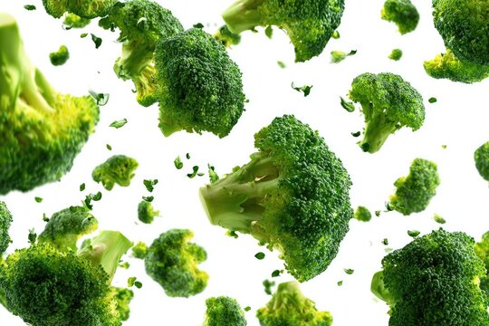 Fresh broccoli florets in mid-air, against a white background.  Many florets are in various stages of falling or suspended in the air.  