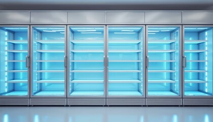 Commercial glass door freezer section with bright blue LED lighting, empty shelves. Sleek, modern design with ample copy space. Reflecting tones suggest cool temperature, suitable for advertising
