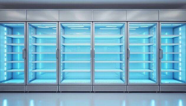 Commercial glass door freezer section with bright blue LED lighting, empty shelves. Sleek, modern design with ample copy space. Reflecting tones suggest cool temperature, suitable for advertising