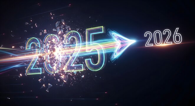 Year change from 2025 to 2026 with futuristic glowing arrow.