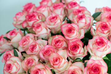 Elegant bouquet of pink and cream roses close up. Romantic floral background perfect for weddings, Valentine’s Day, anniversaries
