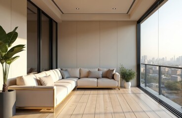 Fototapeta premium Modern beige sectional sofa on light wood floor, adjacent to large windows overlooking city skyline. Plush cushions and potted plants create comfortable, elegant balcony space.