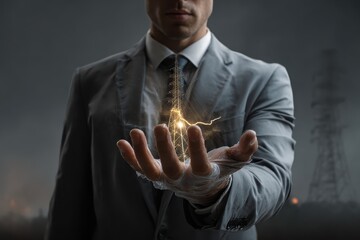 Mastering energy control, a man in a suit holds a powerful surge of electricity amidst a dark urban landscape filled with industrial elements