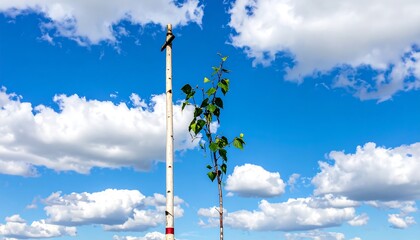 Young sapling by a tall post