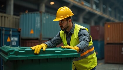 Male worker in safety gear handles trash bin in industrial warehouse setting. Man wears hard hat, vest, gloves, performing waste management task. Focus on logistics, recycling, labor on construction